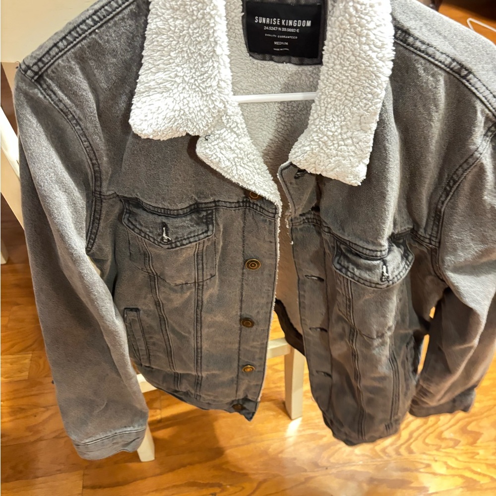 Sunrise Kingdom Gray Denim Jacket with Sherpa Collar